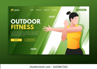 Outdoor fitness landing page with woman exercising. Sport web page template design for gym, personal trainer and fitness center