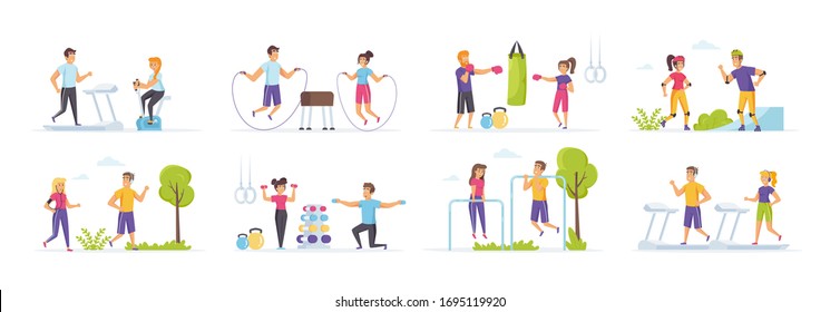 Outdoor fitness set with people characters in various scenes creator kit and situation. Man and woman jogging and riding on roller skates in park, lifting dumbbells and boxing bundle in flat style.