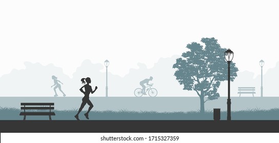 Outdoor fitness. Silhouettes of exercising people. Park landscape with athletic men and women. Workout panorama. Sports action. Vector illustration