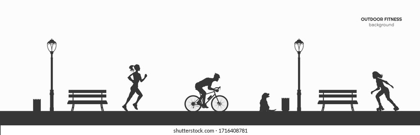 Outdoor Fitness. Silhouettes Of Runner, Roller And Bicyclist. Park Landscape With Athletic Men And Women. Workout Panorama. Sports Action. Vector Illustration