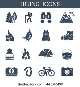 Outdoor flat icons set. Hiking and camping symbols. Vector collection for web design.