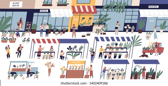 Outdoor flower market with happy tiny people or customers walking among stalls, florists selling bouquets and potted plants, floristic shops or stores. Flat cartoon colorful vector illustration.