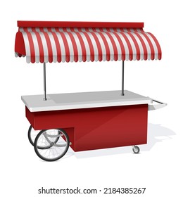 Outdoor food cart red white striped awning kiosk realistic vector illustration. Market portable retail showcase with wheels and handle. Local shop marketplace stall summer street meal snack sell