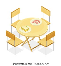 Outdoor Food Court Area For Self-serve Dinner With Wooden Table And Chair Isometric Vector Illustration