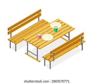 Outdoor Food Court Area For Self-serve Dinner With Wooden Table And Bench Isometric Vector Illustration