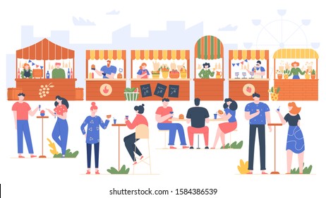 Outdoor food fest. People in fast food cafe, visiting park with family and friends. Characters eating in street cafe, friendly people outdoor recreate vector illustration. City food courts. Wine tent