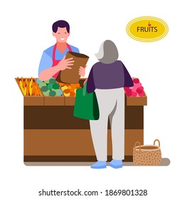 An outdoor food market. An elderly woman buys fruit from a seller. Illustration in the flat style. Vector 