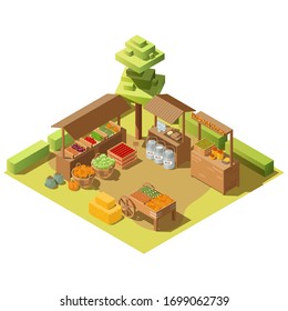 Outdoor food marketplace. Vector 3d isometric farm local grocery market with fresh healthy vegetables, natural organic eco products. Agricultural goods on stalls. Harvest concept illustration