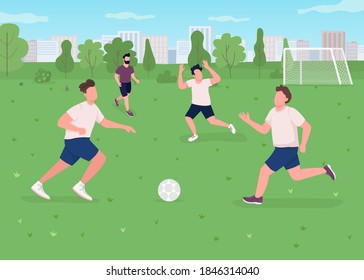 Ilustración vectorial de color plano del partido de fútbol al aire libre. Deportista jugando. Atletas en el campo con gol. Estilo de vida activo. Personajes de dibujos animados 2D del equipo de fútbol con fondo de parque urbano