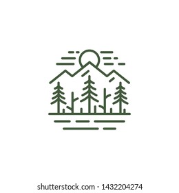 outdoor forest pine tree and mountain landscape vector logo design