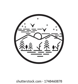 outdoor forest pine tree and mountain landscape vector logo design
