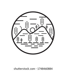 outdoor forest pine tree and mountain landscape vector logo design
