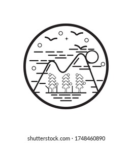 outdoor forest pine tree and mountain landscape vector logo design
