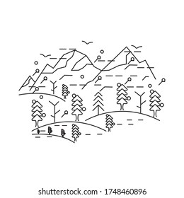 Outdoor-Kiefer-Baum und Gebirgslandschaft, Vektorgrafik-Design
