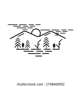 outdoor forest pine tree and mountain landscape vector logo design
