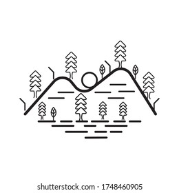 diseño del logo del vector de vectores de pinos y paisajes de montaña
