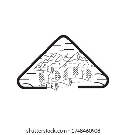 outdoor forest pine tree and mountain landscape vector logo design
