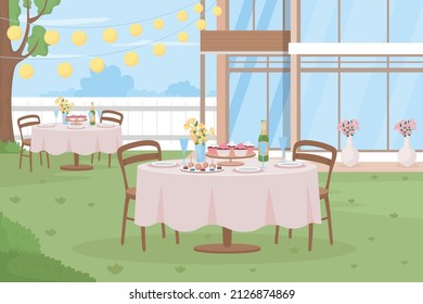 Outdoor formal occasion flat color vector illustration. Wedding day celebration. Birthday party. Summertime backyard partying. 2D simple cartoon landscape with decorations on background