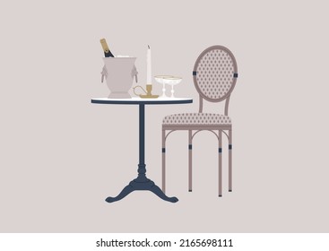 An outdoor french cafe table with a rattan chair, a champagne bucket, a candlestick, and sparkling wine glasses svg
