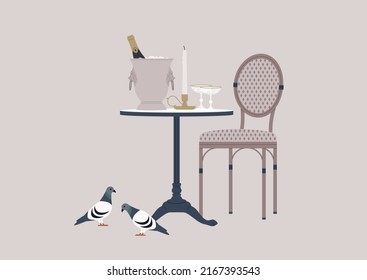 An outdoor french cafe table with a rattan chair, a champagne bucket, a candlestick, and sparkling wine glasses, pigeons walking nearby svg