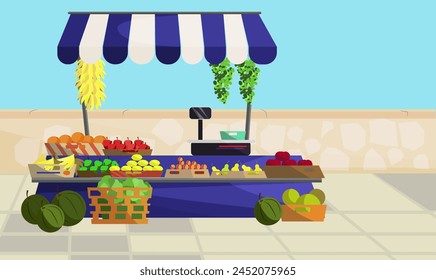 Outdoor fruit counter on street. Flat vector illustration. Stand with blue and white striped awning and different fruit. Apples, oranges, bananas and watermelons. Food, fresh fruit, grocery concept