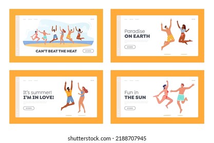 Diversión al aire libre, Actividad Landing Page Template Set. Jóvenes felices nadando usan saltar con las manos arriba, personajes en vacaciones de verano, celebración de fiestas en la playa, regocijo. Ilustración del vector de dibujos animados