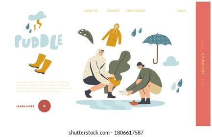 Outdoor Fun Landing Page Template. Happy Characters Playing on Puddles in Wet Rainy Day, Woman and Man Put Paper Boat and Rubber Duck on Water under Rain, Wet Autumn Games. Linear Vector Illustration