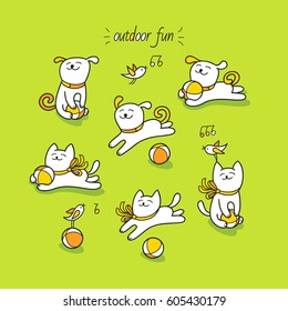Outdoor fun. Little white cat and dog are playing with different toy balls. Set of cute animal characters and graphic elements for kids design in cartoon hand drawn style on green grass background.