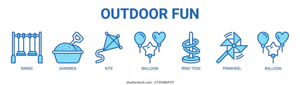 Outdoor Fun web banner icon vector illustration concept with icon of swing, sandbox, kite, balloon, ring toss, and pinwheel.