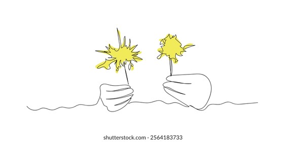 Outdoor fun. Your mom and dad are putting on a firecracker show. One continuous single drawn line art doodle line, sparkler, firework, hand, celebration, fire.   Hand made vector not AI 