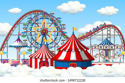 An outdoor funfair scene in clouds illustration