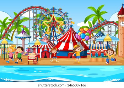 An outdoor funfair scene with happy kids illustration