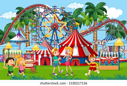 An outdoor funfair scene with kids playing illustration