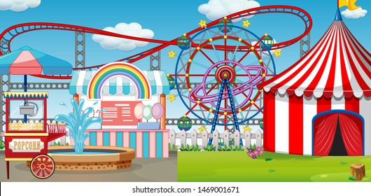 An outdoor funfair scene with roller coaster illustration