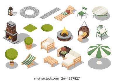 Outdoor furniture 3d isometric set. Collection isolated flat elements of lantern, garden path, lounger, chairs, table, bbq fireplace, potted plant, umbrella, patio, sofa, more. Vector illustration.