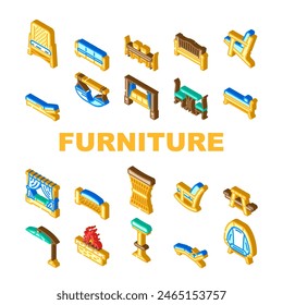 outdoor furniture garden terrace icons set vector. patio house, table home, summer balcony, wooden outside deck, rattan, luxury outdoor furniture garden terrace isometric sign illustrations