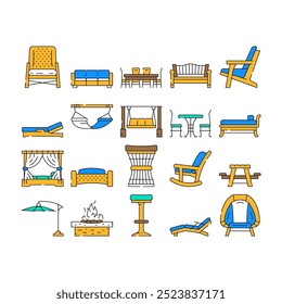 outdoor furniture garden terrace icons set vector. patio house, table home, summer balcony, wooden outside deck, rattan, luxury outdoor furniture garden terrace color Contour Illustrations