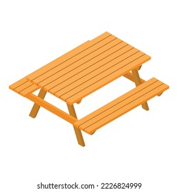 Icono de mobiliario al aire libre vector isométrico. Nueva mesa de madera y dos iconos de banco. Descanse en la naturaleza, recreación