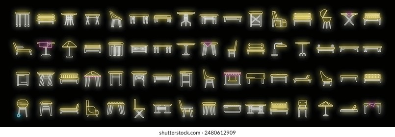 Outdoor furniture icons set outline vector. Garden patio. Deck bench neon color on black