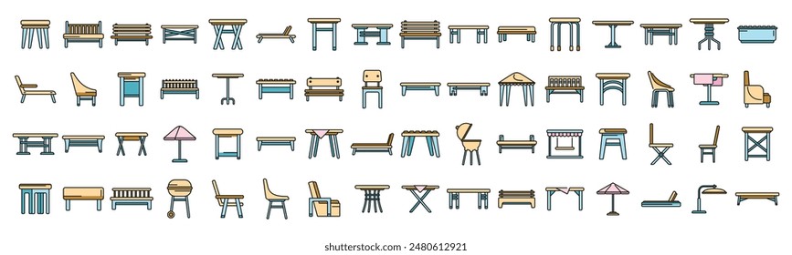 Outdoor furniture icons set outline vector. Garden patio. Deck bench thin line color flat on white