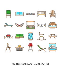 outdoor furniture patio garden icons set vector. terrace table, house home, summer balcony, luxury view, sofa, wooden outside, deck outdoor furniture patio garden color line illustrations