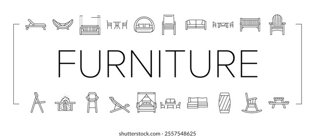 outdoor furniture patio garden icons set vector. terrace table, house home, summer balcony, luxury view, sofa, wooden outside, deck outdoor furniture patio garden black contour illustrations