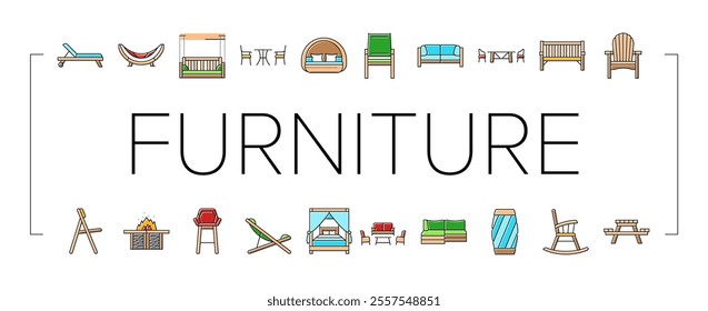 outdoor furniture patio garden icons set vector. terrace table, house home, summer balcony, luxury view, sofa, wooden outside, deck outdoor furniture patio garden color line illustrations