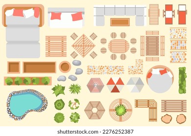 Outdoor furniture top view icon set concept in the flat cartoon design on a yellow background. Furniture and landscaping that can be used to decorate the yard. Vector illustration.