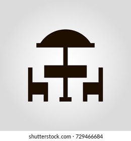 Outdoor furniture vector icon. Two chairs, table and umbrella icon. Table for two concept. Outdoor dining symbol. 