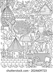 Outdoor Furnitures Gazebo Hanging Chair Doodle Colorless Line Drawing. Nature Doodling Birds Leaves Flowers Garden Chairs Pavilion Coloring Book Page.