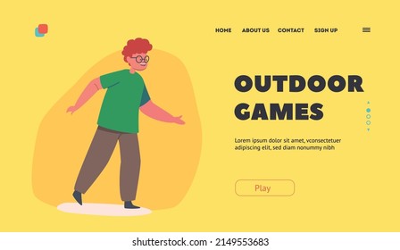 Outdoor Games Landing Page Template. Happy Boy Wear Glasses, Green T-shirt and Brown Trousers. Child Character Smiling, Happy Emotion, Kid Positivity, Childhood Concept. Cartoon Vector Illustration