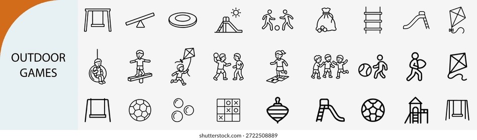"Kinder Outdoor-Spiele und Spielplatz Aktivitäten lineare Icon Set Vektor"