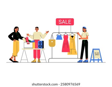 Outdoor Garage Sale With Male And Female Sellers Offering Clothes, Bags, And Electronics. Flat Vector Illustration of Second Hand Shopping And Affordable Deals, Isolated On White Background