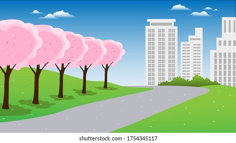 Outdoor garden, cherry blossom garden In the garden behind the city, the path in the illustration of the garden